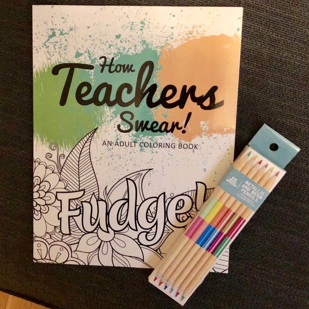 Adult coloring book and neon colored pencil set